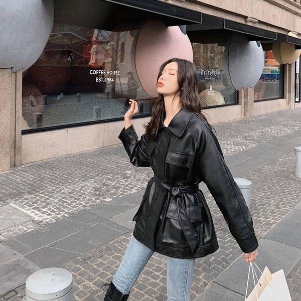 

spring autumn chic oversized design big pockets belt motobike bf vintage retro sashes women lady pu leather jacket 210513, Black