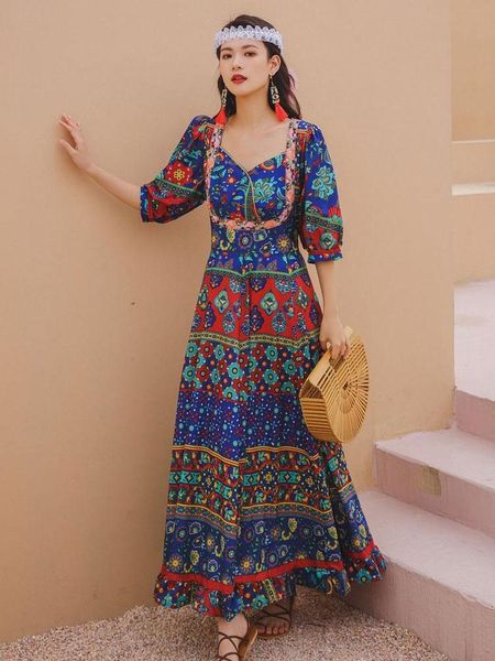 

summer female bohemia travel vacation wind beach square collar dress retro ethnic print high waist show thin long casual dresses, Black;gray