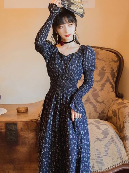 

casual dresses sweetxue french retro square collar puff sleeve floral long dress cotton ladies elegant, Black;gray
