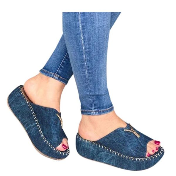 

slippers sagace summer shoes woman slides thick bottom platform high heel denim flats wedge beach slipper, Black