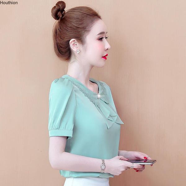 

women's blouses & shirts loose chiffon casual blouse fashion short sleeve solid color metal plate bow tie shirt summer houthion, White