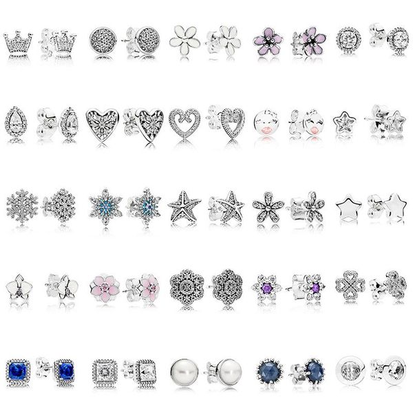 

100% 925 sterling silver studs earring round flower heart blue crystal for women jewelry gift stud, Golden;silver