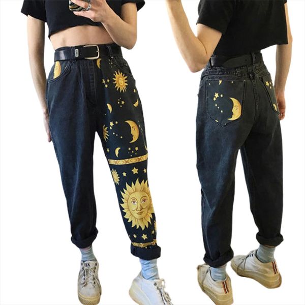 

korean style straight casual jeans womens short high fashion star and moon print waist trousers with pockets washed denim, White;black
