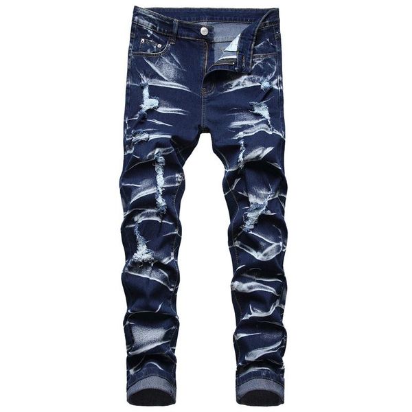 

men's jeans ripped korean fashion trend thin section breathable streetwear mid-waist trousers 2021, Blue