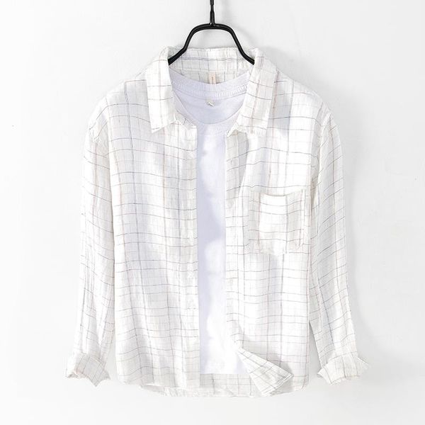 

men's casual shirts plaid pure linen for men button up long sleeve grid blouse autumn regular fashion white retro clothes, White;black