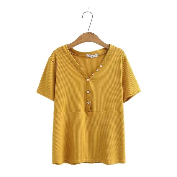 Top in cotone tinta unita per donna Primavera Estate Casual Scollo a V Manica corta Bottone 4xl Taglie forti Camicette XL-4XL Giallo Nero S Donna S