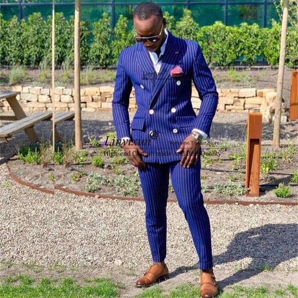 

men's suits & blazers handsome royal blue pinstripe mens double breasted 2 pieces wedding groom tuxedos slim fit business male blazer m, White;black