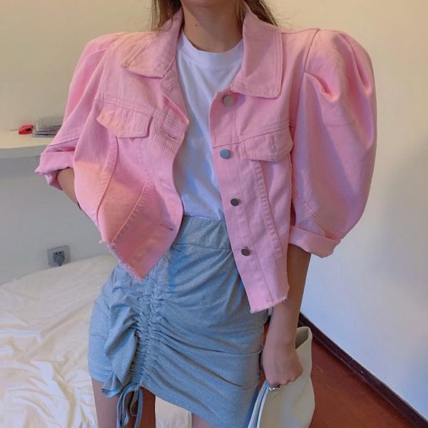 

women's jackets chic korean denim jacket women spring autumn puff sleeve crop jeans pink green basic coats outerwear chaqueta mujer, Black;brown