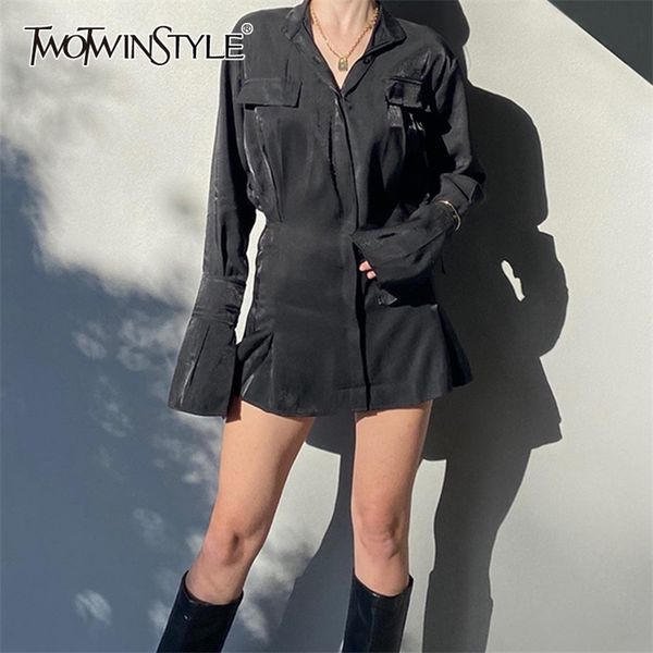 

black tunic shirt dress for women lapel flare sleeve high waist minimalist mini dresses female summer 210520, Black;gray