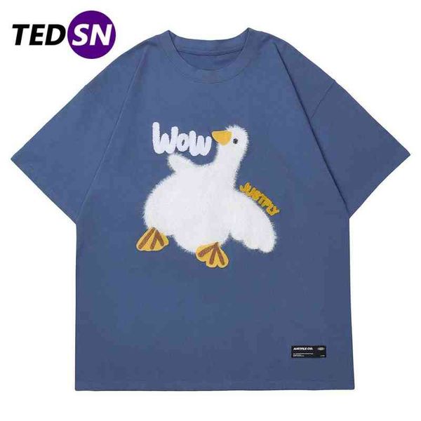 

tedsn wow goose oversized short sleeve t shirt duck tshirt 2022 harajuku streetwear men women cute hip hop tee cartoon male 0212, White;black