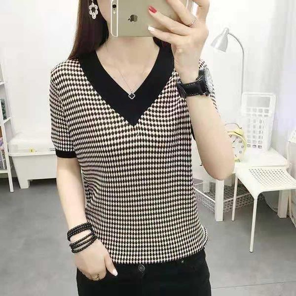

women's t-shirt ice silk short sleeve 2021 summer v-neck bottom for women, White