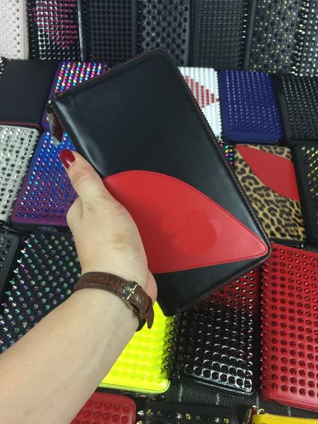

men red bottom wallets panelled spiked clutch women designer patent real leather mixed color rivets bag clutches lady long purses with spike, Red;black