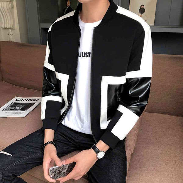 

men's jackets splice leather autumn slim contrast color coats black gray motorcycle yolh, Black;brown