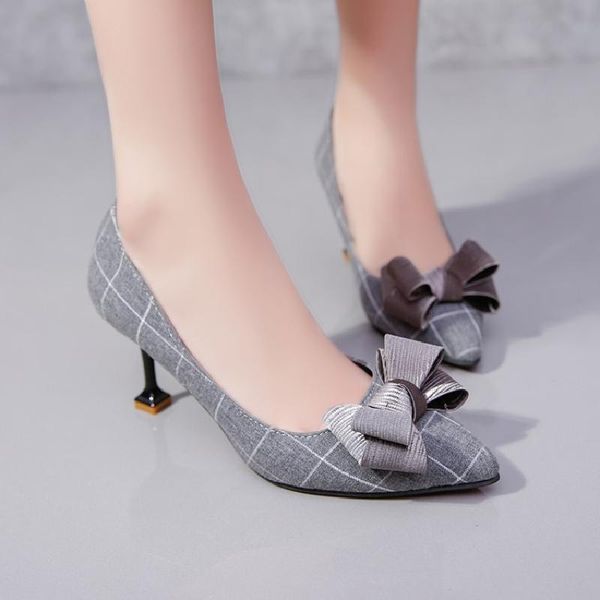 

dress shoes 2021 fine with pointed shallow mouth bow plaid cloth single women, Black