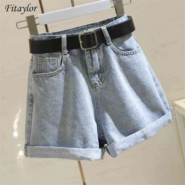 

fitaylor streetwear high waist women blue denim shorts with belt summer casual female wide leg plus size 2xl jeans shorts 210611, White;black