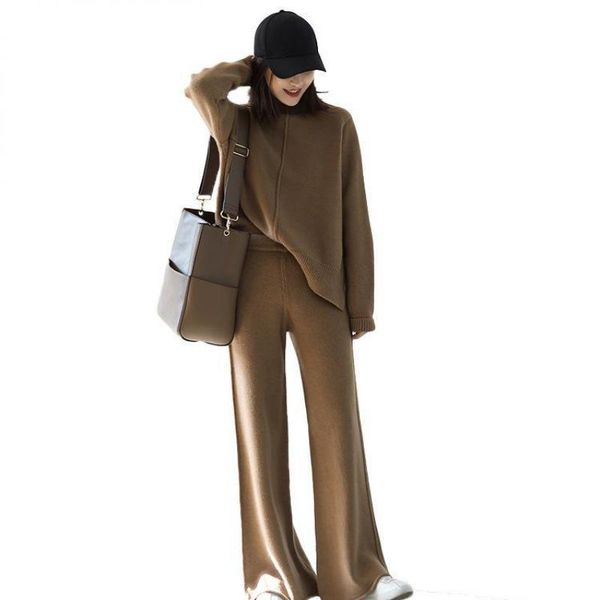 

women's two piece pants sweater suit half high neck loose lazy thick two-piece knitted wide-leg fashion casual, White