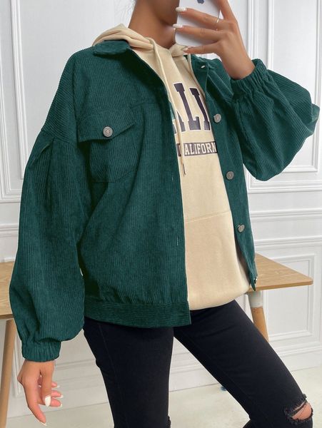 

flap pocket drop shoulder corduroy jacket i30k#, Black;brown