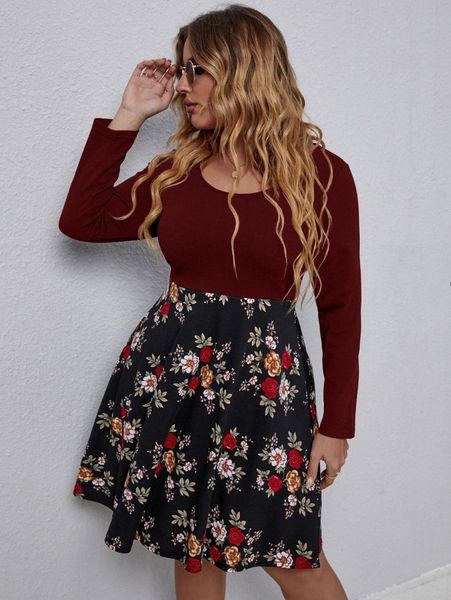 

plus floral print a-line dress c2lg#, Black