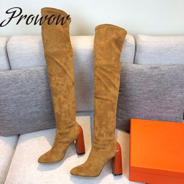 

boots prowow winter stretch febric over the knee high thigh heel long designer shoes women, Black