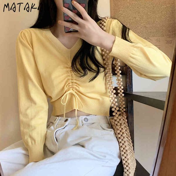 

matakawa korean slim woman sweaters spring pleated pullovers long-sleeved v-neck sweater women french short 210513, White;black