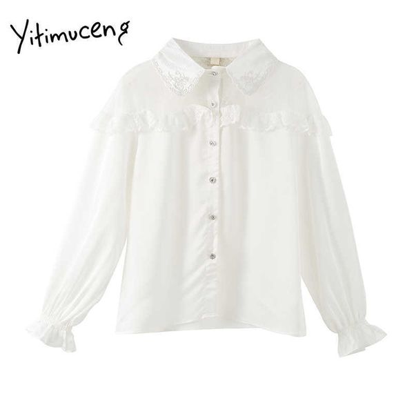 Yitimuceng Blusa Branca Mulheres Botão Up Gaze Camisas Peter Pan Collar Flare Spring Spring Summer Coreano Fashion Tops 210601