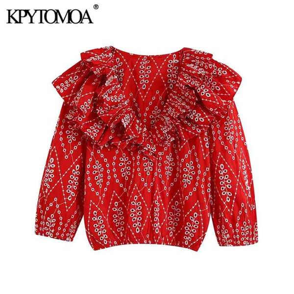 

kpytomoa women fashion cutwork embroidery ruffles blouses vintage v neck elastic trims female shirts blusas chic 210401, White