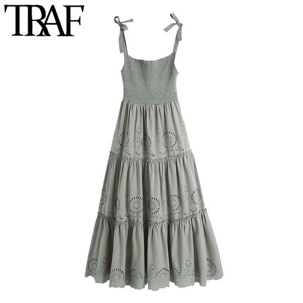 

traf women chic fashion hollow out embroidery smocked midi dress vintage sleeveless tie-up straps female dresses mujer 210415, Black;gray