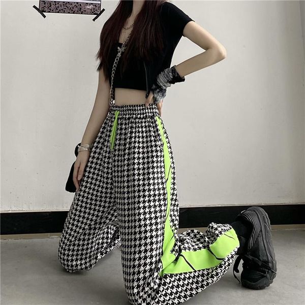 

women's pants & capris qweek techwear streetwear joggers sweatpants women harajuku baggy korean fashion plaid sports design 2021 summer, Black;white