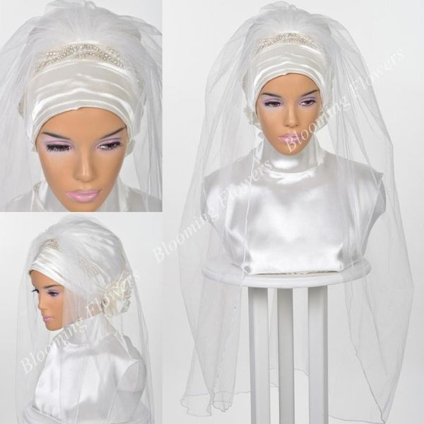

bridal veils muslim hijab 2021 crystals beading islamic wedding cut edge turban for brides tulle satin head cover elbow length, Black
