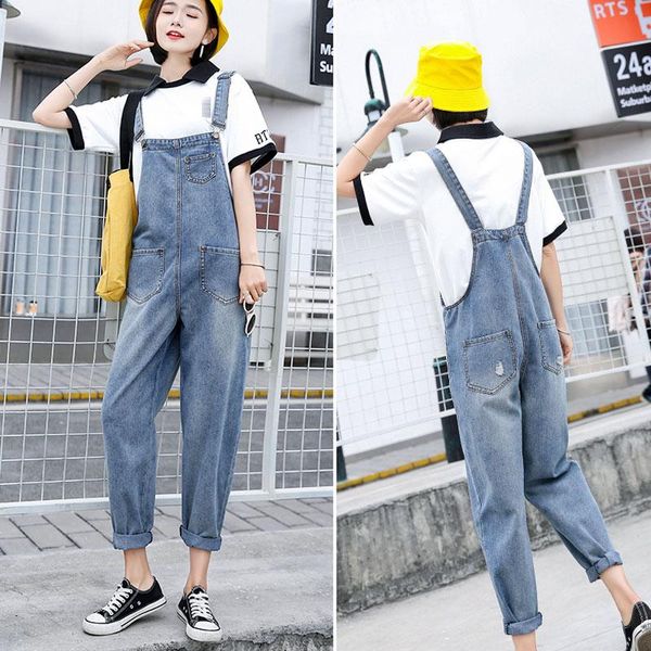 

women's jumpsuits & rompers denim jumpsuit women loose bib high waist was thin ankle length jean bodysuit dungaree female, Black;white