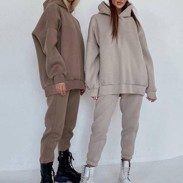 

women's two piece pants casual women fleece tracksuit autumn winter loose suits hoodies pullover sweatshirt and high waist set, White