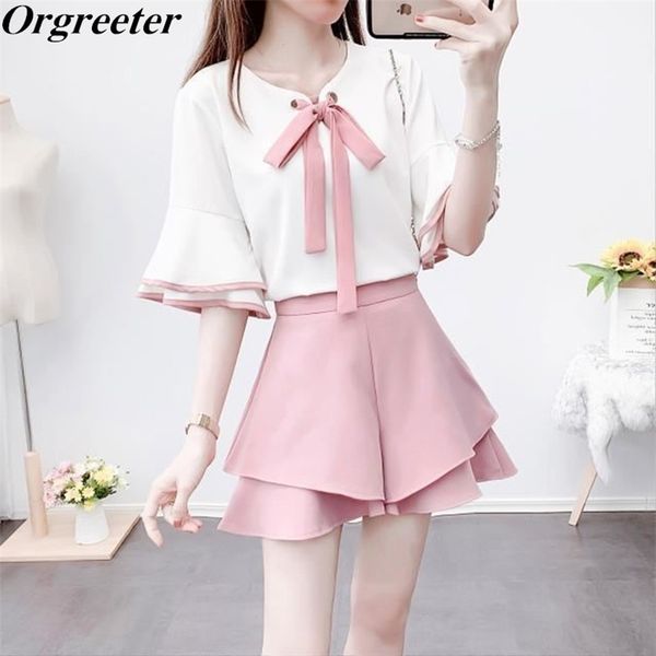

orgreeter preppy style sweet bow tie flare sleeve chiffon shirt and wide-leg shorts two piece suit women summer 210602, White
