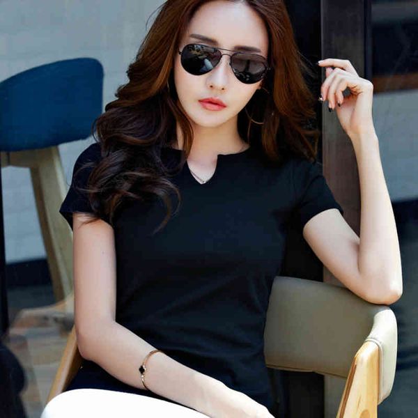

camiseta mujer fashion summer short sleeve t shirt women v-neck black t-shirt women 3xl plus size women tshirt c817 210426, White
