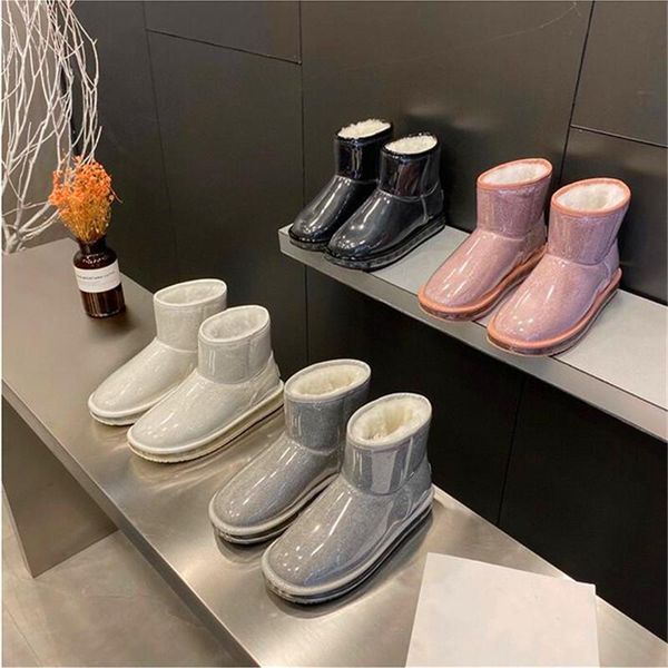 

boots sheepskin and wool all-in-one snow winter warmth waterproof snow-proof cushion women's shoes short, Black