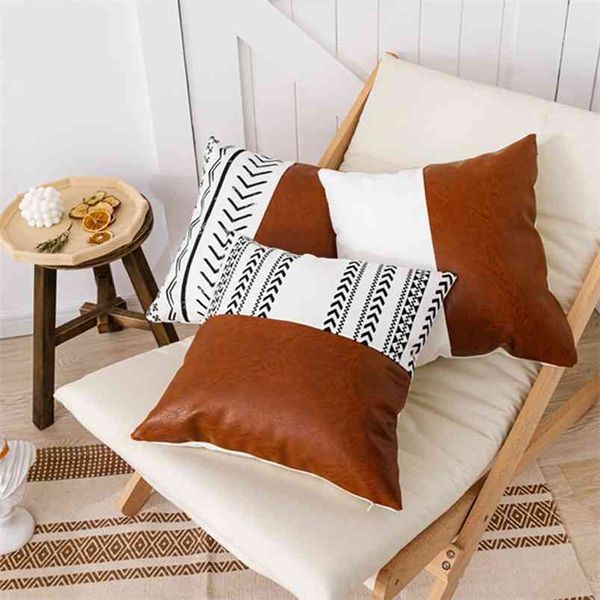 Cobertura de almofada de algodão 45x45cm para sofá-cama decoração home fronha de couro falso design moderno marrom 210423