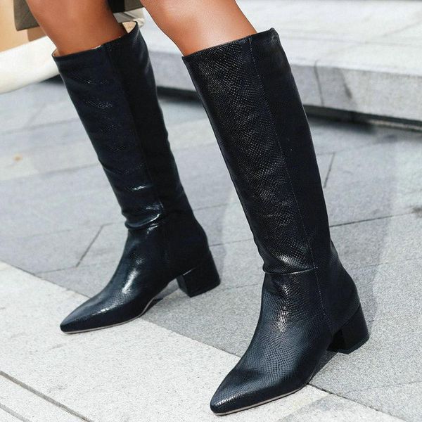

boots 2021 est pointed toe knee high woman wedding party tight for girls thick med heels shoes women, Black