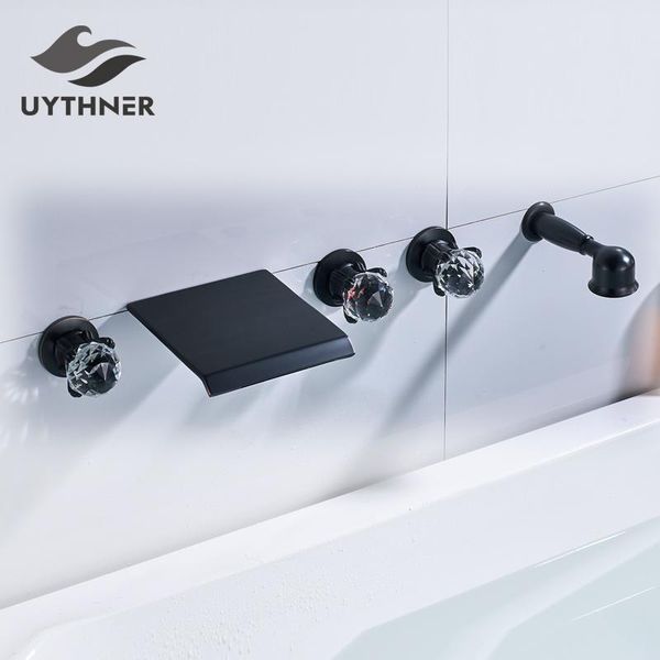 

ly arrival waterfall oil rubbed bronze(black) bathtub faucet wall mount three handle switch mixer tap solid brass &cold bathroom shower sets