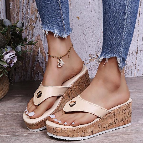 

slippers outdoor summer beach women thick sole platform wedge quality leather strap flip flops retro casual shoes ladies female, Black