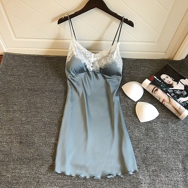 

women's sleepwear summer women silk nightgowns female v-neck backless nightwear satin lace spaghetti strap nightdress with chest pads c, Black;red