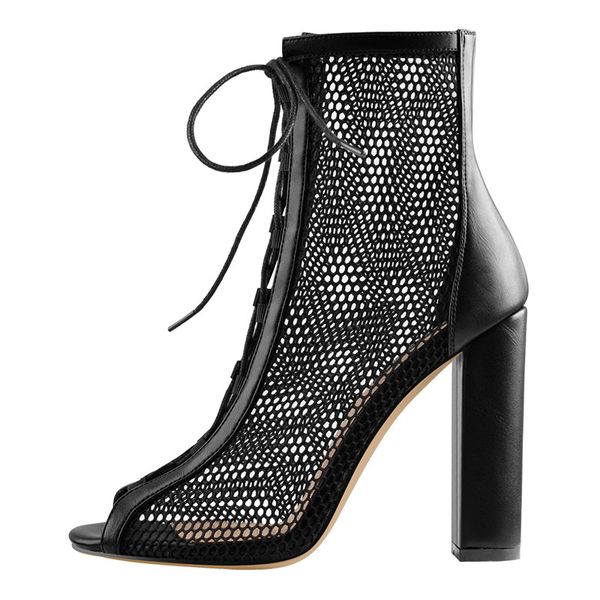 

peep toe mesh chunky heel black lace up mesh ankle booties sandals
