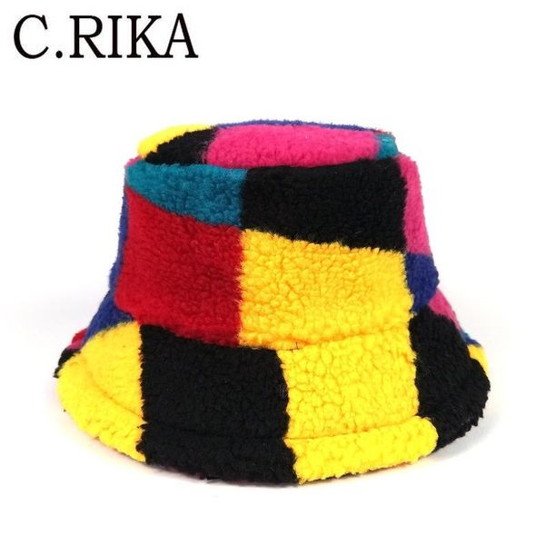 

wide brim hats autumn winter multicolour plaid lambswool bucket hat women fashion warm soft fisherman bob girl outdoor travel velvet panama, Blue;gray