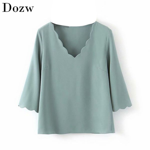 

v neck solid casual blouse women three quarter sleeve fashion ladies loose leisure female shirt summer blusa feminina s-l 210414, White