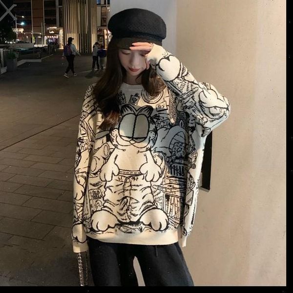 

women sweaters cute sweater winter korean style streetwear casual cartoon cat printed long sleeve knitted pullover jumper t434, White;black