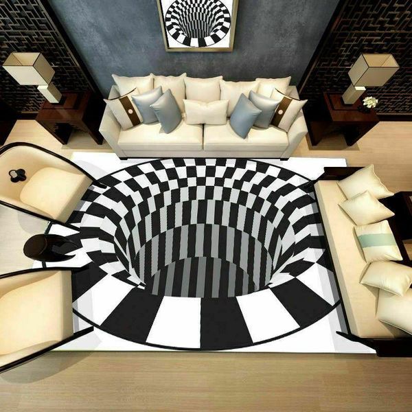 

illusion carpet black white geometric magic hole design anti-slip floor mat home living room decoration rug 60 x 90cm carpets