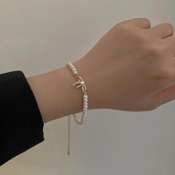 

beaded, strands women bracelet artificial pearls bracelets woman bowknot bangles ladies jewellery hand made lovers fashion trendy alloy puls, Black