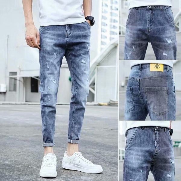 

2021 men's jeans trendy slim leg casual long pants with holes in autumn, Blue