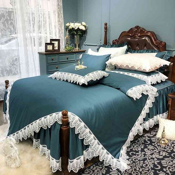 

solid color egyptian cotton edge duvet cover silky soft bedding lace ruffled skirt  king size 4pcs bed set