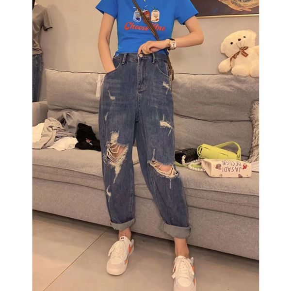 

large hole summer tube high waist pants loose nine point fashion, Blue