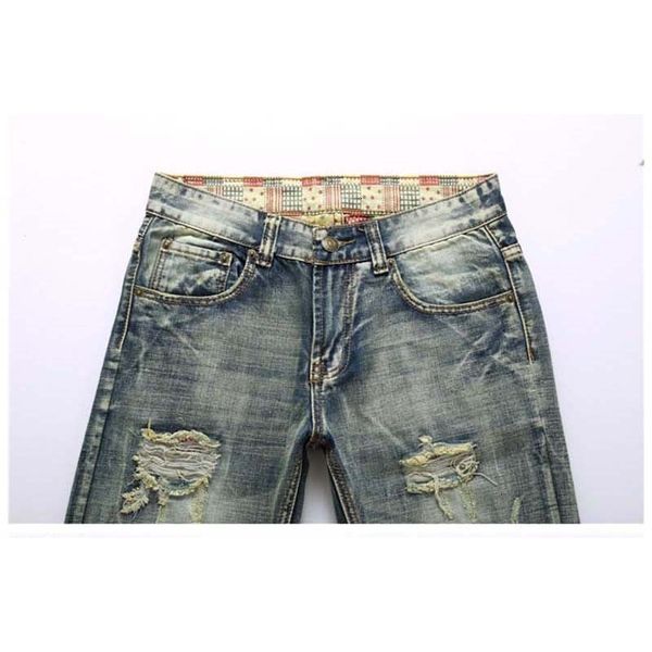 

mens casual denim jeans straight knee hole hiphop pants washed high quality, Blue