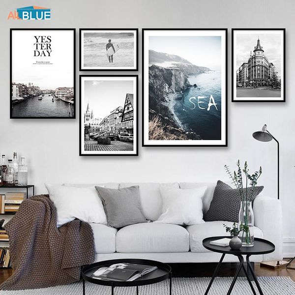 

paintings blue seascape mountain landscape building posters prints wall art canvas painting black and white nordic poster pictures
